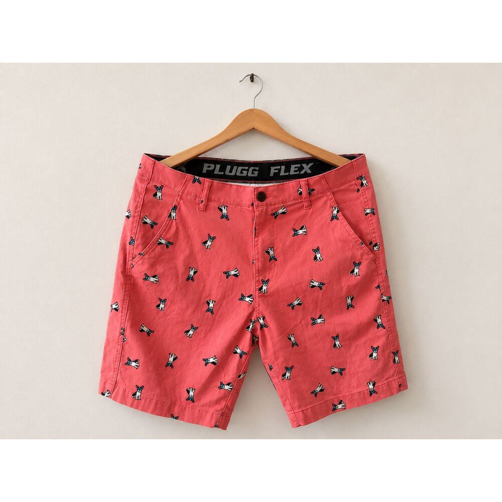 Plugg Flex Men's Dog Print Shorts Sz 31 Coral French Bulldog Chino Shorts